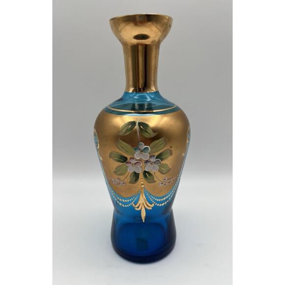 Vintage Venetian Murano Glass Enamel Flower Gold Gilt Blue Decanter NO STOPPER - Picture 1 of 10